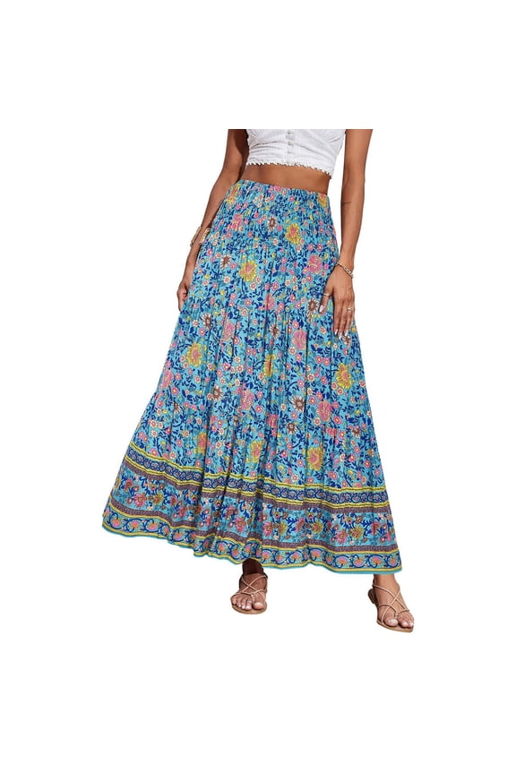 Womens Maxi Skirt 2025 Casual Flowy Elastic High Waist Long Skirts with Pockets Summer Beach Style Cyan 2XL