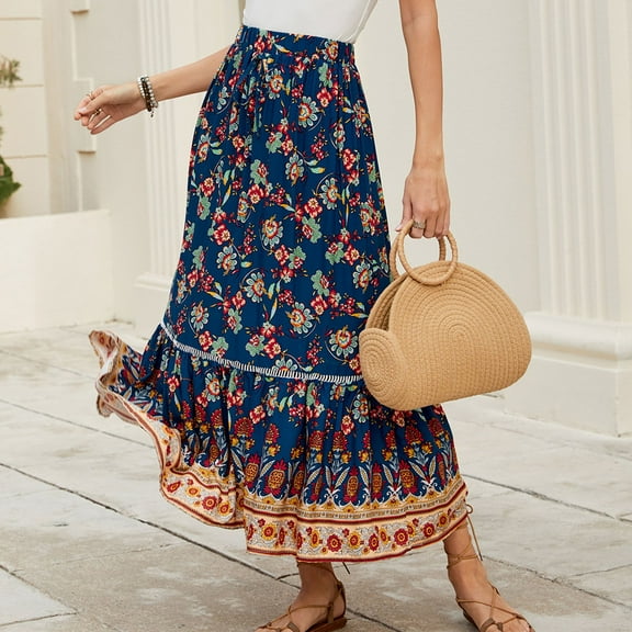 Womens Maxi Skirt 2025 Casual Flowy Elastic High Waist Long Skirts with Pockets Summer Beach Style Dark Blue XL