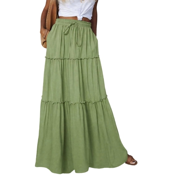Womens Maxi Skirt Casual High Waist Tie Long Flowy Skirt A-Line Swing Dress with Pockets for 2026 Trendy Green L