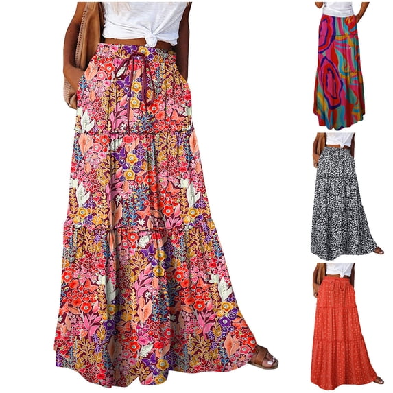 Womens Maxi Skirt Casual High Waist Tie Long Flowy Skirt A-Line Swing Dress with Pockets for 2026 Trendy Pink M