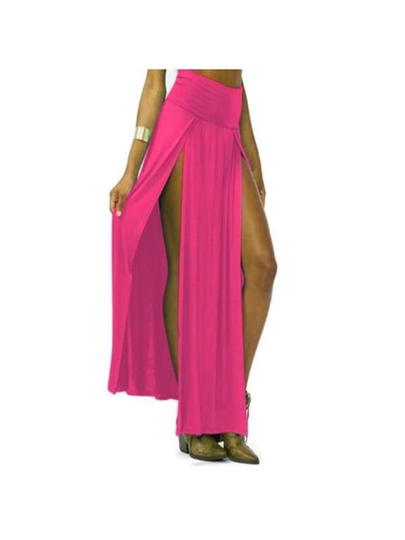 Women's Double Split Maxi Long Skirt Flowy Elegant Two Side Slit Casual Comfortable Stretchy Waistband Lightweight Summer