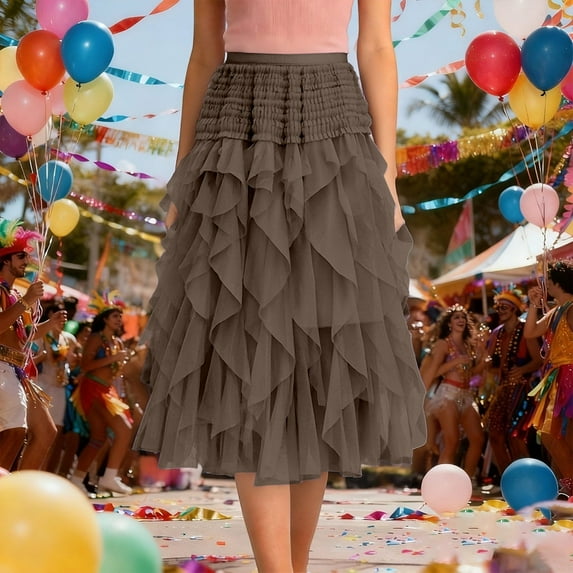 Womens Maxi Skirt Flowy High Waisted Tiered Layered Long Skirt Color Coffee Size One Size