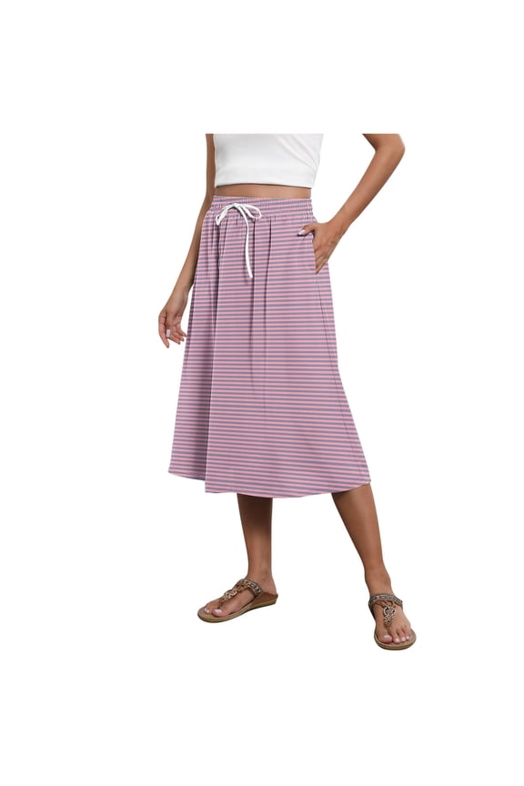 Womens Maxi Skirt Striped Skirts for Women Midi Trendy Summer a Line Flowy Knee Length Skirt Drawstring Elastic High Waist Loose Skirt with Pockets S