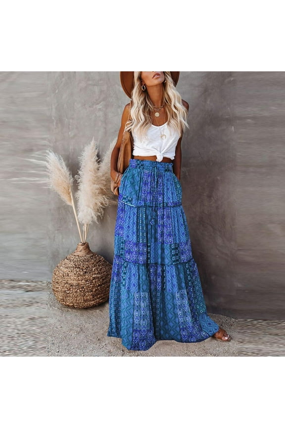 Womens Maxi Skirt, Summer Maxi Boho Skirt Pleated A Line Skirts, Flowy Renaissance Skirt with Pockets Elasticated Waist Dark Blue L