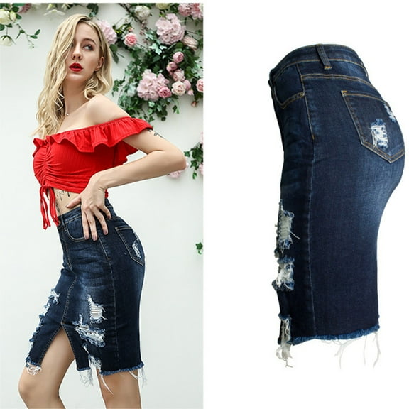 Womens Maxi Skirt Women’s Bodycon Denim Mini Skirt High Waist Ripped Destroyed Casual Stretchy Jean Skirts with Pocket Slim Fitting Denim Mini Skirt Aline Skirts for Women Dark Blue XXL