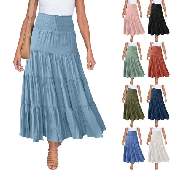 Womens Maxi Skirts Boho Summer Casuel Flowy Flared Elastic High Waist Pleated A-Line Solid Color Swing Long Skirts
