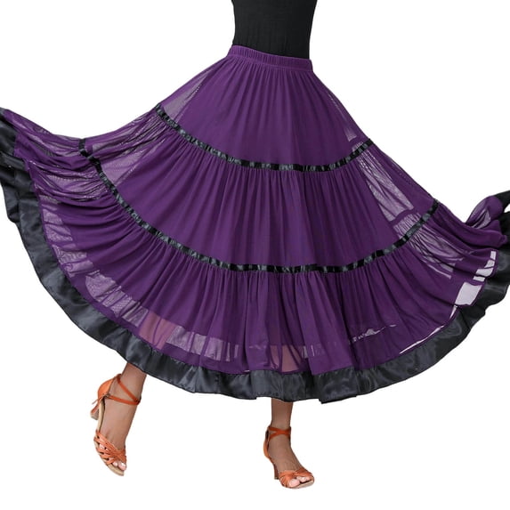 Womens Maxi Skirts Color Block Layered Flared Spanish Traditional Festival Dance Skirt Purple L