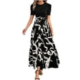 thumbnail image 1 of Womens Maxi Skirts Fashion Boho Flowy Swing Dresses Casual Round-Neck Short Sleeve Top Printing High Waist Dress Leisure Vacation Beach Elastic Long Skirts, 1 of 4