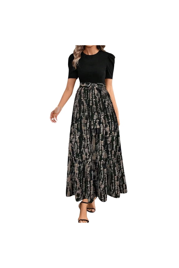 Womens Maxi Skirts Fashion Boho Flowy Swing Dresses Casual Round-Neck Short Sleeve Top Printing High Waist Dress Leisure Vacation Beach Elastic Long Skirts