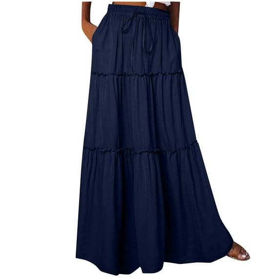 Womens Maxi Skirts Loose Casual High Waisted Flowy Boho Skirts Trendy Fall Summer Beach Travel Cute Tiered Long Skirts with Pockets Dark Blue XXL
