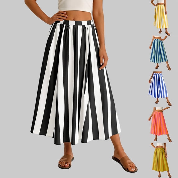Womens Maxi Skirts Striped A Line Elastic Waist Summer Beach Vacation Flowy Skirt Dark Blue XXL