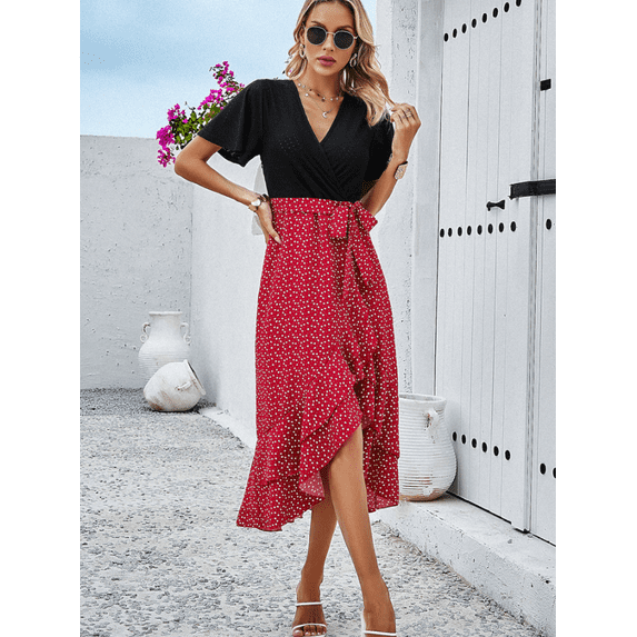Womens Maxi Summer Dresses Short Sleeve V Neck Boho Floral Print Belted High Low Ruffle Party Cocktail Dress