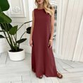 thumbnail image 1 of Womens Maxi Vacation Dress Casual Sleeveless Crewneck Side Slit Sundress Loose Summer Flowy Beach Maxi Dresses Linen Dress Wine M, 1 of 9