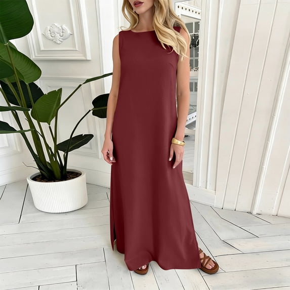 Womens Maxi Vacation Dress Casual Sleeveless Crewneck Side Slit Sundress Loose Summer Flowy Beach Maxi Dresses Linen Dress Wine M