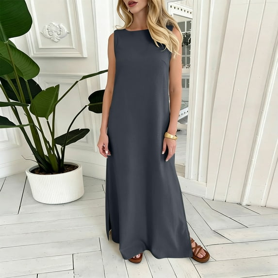 Womens Maxi Vacation Dress Casual Sleeveless Crewneck Side Slit Sundress Loose Summer Flowy Beach Maxi Dresses Sundress with Sleeves Dark Gray XXL