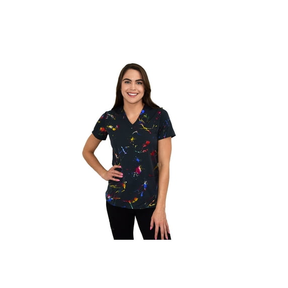 Womens Medical Nursing Foil Printed Scrub Uniform Top Zinnia-Paint Splatter - Pewter-X-Large