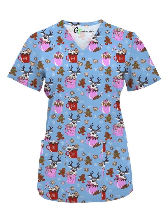 Womens Medical Nursing Holiday Print Scrub Top GT Performance-MULTIPLE PRINTS-Warm Wished And Cookie Dreams-X-Large