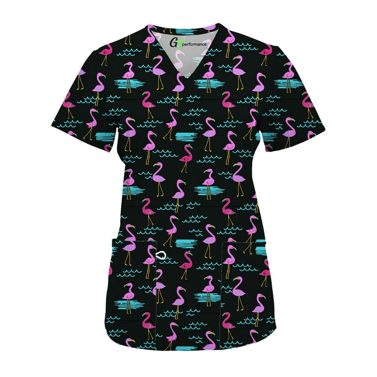 Womens Medical Nursing Print Scrub Uniform Top GT Performance Flamingo On The Beach Medium