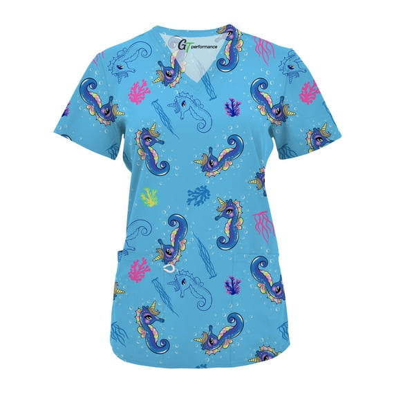 Womens Medical Nursing Print Scrub Uniform Top GT Performance-Under The Sea-XX-Large