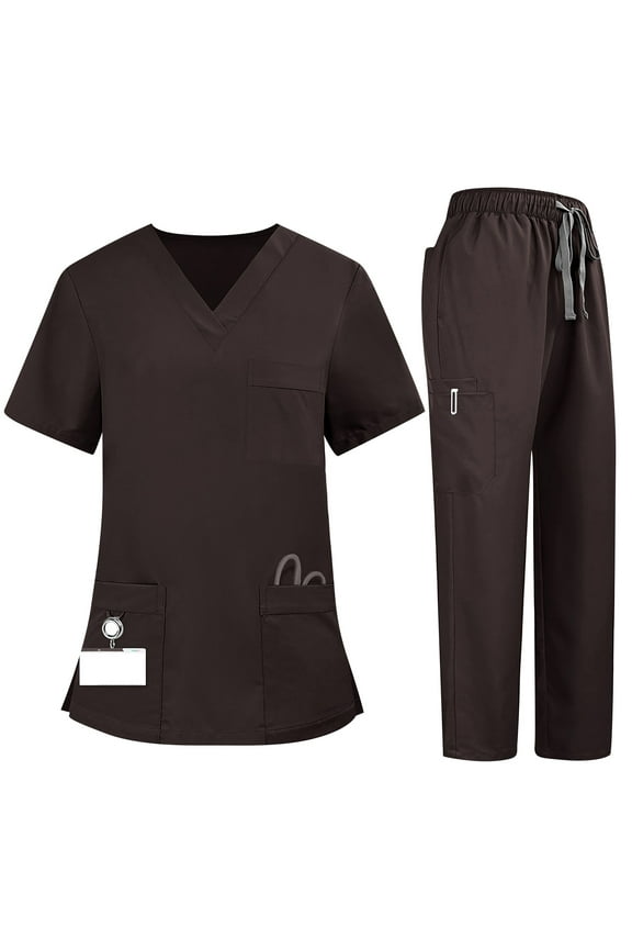 Womens Medical Nursing Uniform Set V Neck Multi Pocket Breathable Hospital Wear Scrub Tops Straight Leg Drawstring Pants