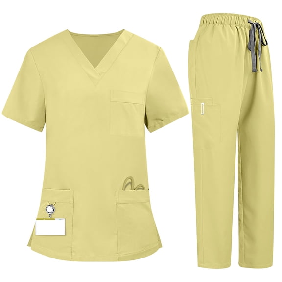 Womens Medical Nursing Uniform Set V Neck Multi Pocket Breathable Hospital Wear Scrub Tops Straight Leg Drawstring Pants