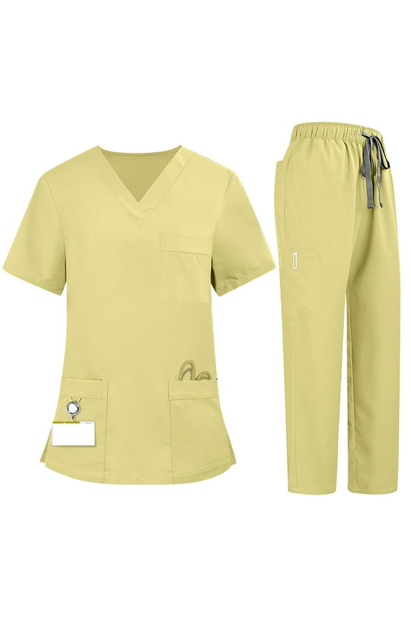 Womens Medical Nursing Uniform Set V Neck Multi Pocket Breathable Hospital Wear Scrub Tops Straight Leg Drawstring Pants