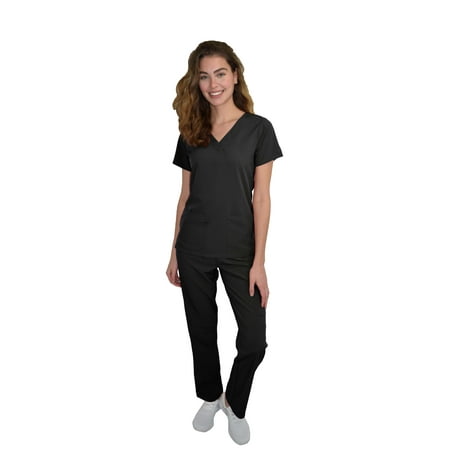 Womens Medical Scrub Set GT 4FLEX Vneck Top and Pant-Black-Medium