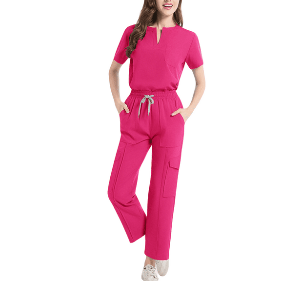 Womens Medical Scrub Sets Short Sleeve Work Uniform Tops Cargo Pants with Pockets Workwear for Nurses Pet Care, XXL