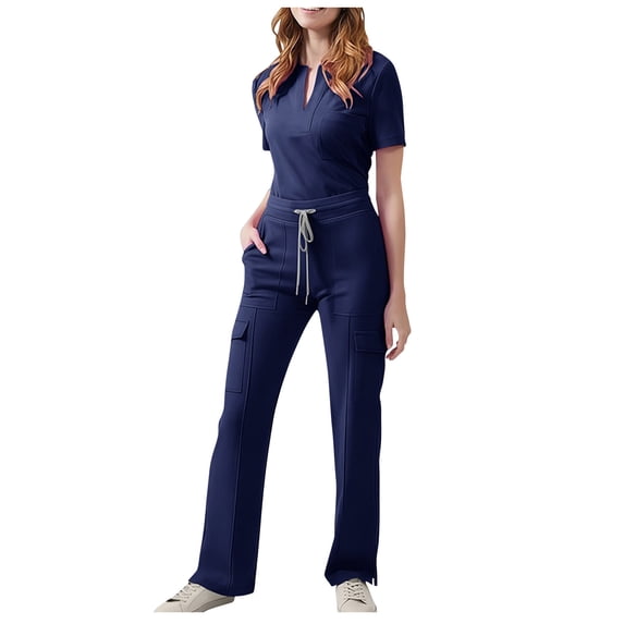 Womens Medical Scrub Sets Short Sleeve Work Uniform Tops Split Cargo Pants with Pockets Workwear for Nurses Pet Care, L