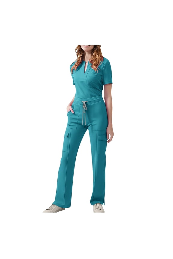 Womens Medical Scrub Sets Short Sleeve Work Uniform Tops Split Cargo Pants with Pockets Workwear for Nurses Pet Care, XL
