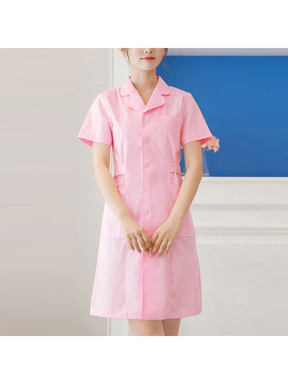 Womens Medical Uniform Dress Short Sleeve Lapel Collar Button Front Healthcare Workwear Dress with Pockets