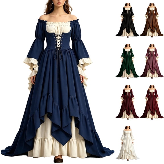 Womens Medieval Costume Dress Renaissance Peasant Wench Chemise Gown Off Shoulder Bell Sleeve Lace Up Corset Halloween Cosplay Party, Blue, XXXL