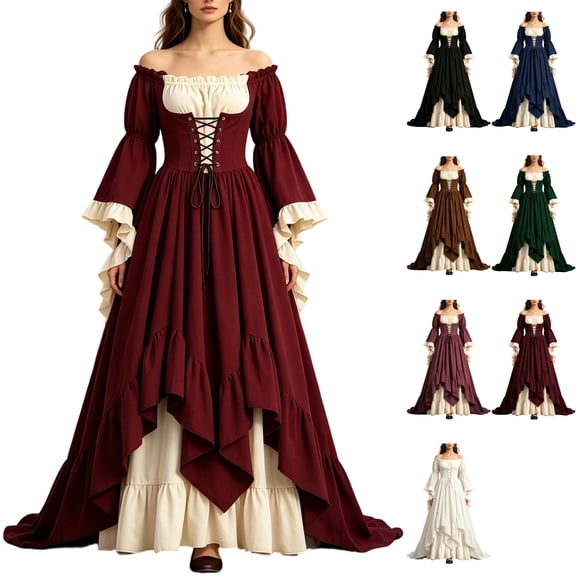 Womens Medieval Costume Dress Renaissance Peasant Wench Chemise Gown Off Shoulder Bell Sleeve Lace Up Corset Halloween Cosplay Party, Wine, S