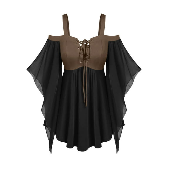 Womens Medieval Lace Tops Blouses for Women Spaghetti Strap Butterfly Bell Sleeve Long Victorian Gothic Shirts