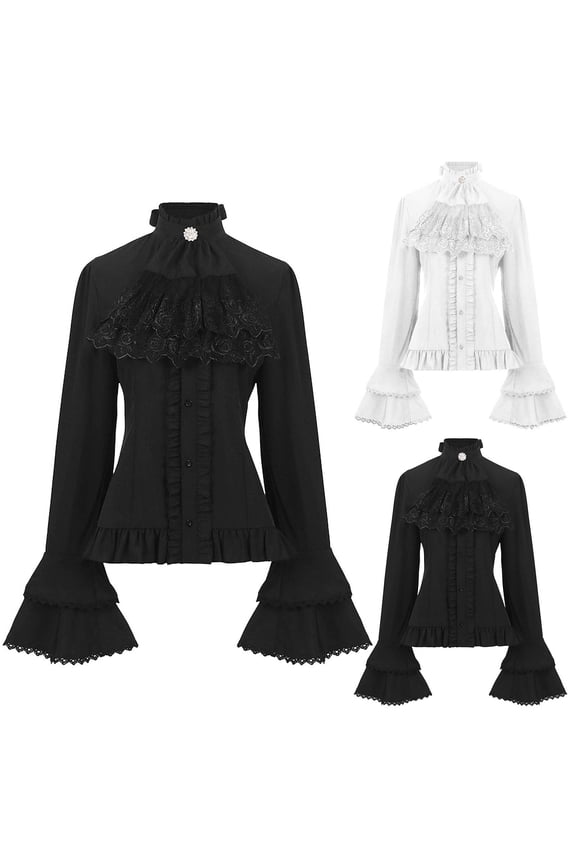 Womens Neck Renaissance Shirt Solid Color Ruffle Lace Patchwork Long Sleeve Top Gothic Lace-Up Base Layer Victorian Blouse
