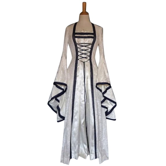 Womens Medieval Renaissance Dress Trumpet Long Sleeve Witch Gown Lace Up Cosplay Costume for Halloween Party