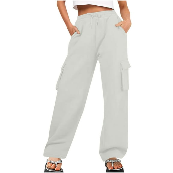 Womens Medium Waist Baggy Elastic Waist Sweatpants Casual Padded Long Pants with Pockets