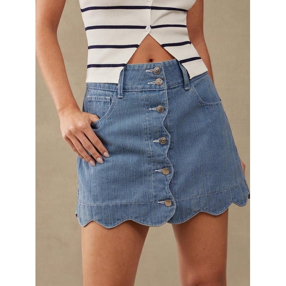 Womens Medium Wash-2 High-Waist Scalloped Button-Front A-Line Denim Mini