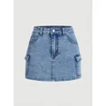 thumbnail image 1 of Womens Medium Wash Denim Mini Skirt With Cargo Flap Pockets And Button, 1 of 30