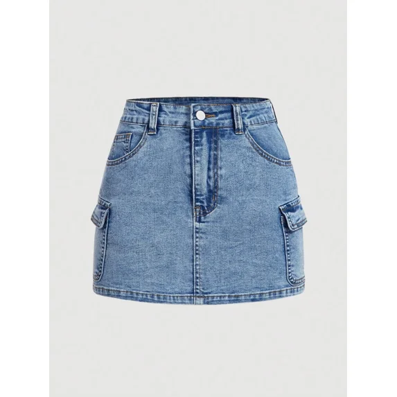 Womens Medium Wash Denim Mini Skirt With Cargo Flap Pockets And Button