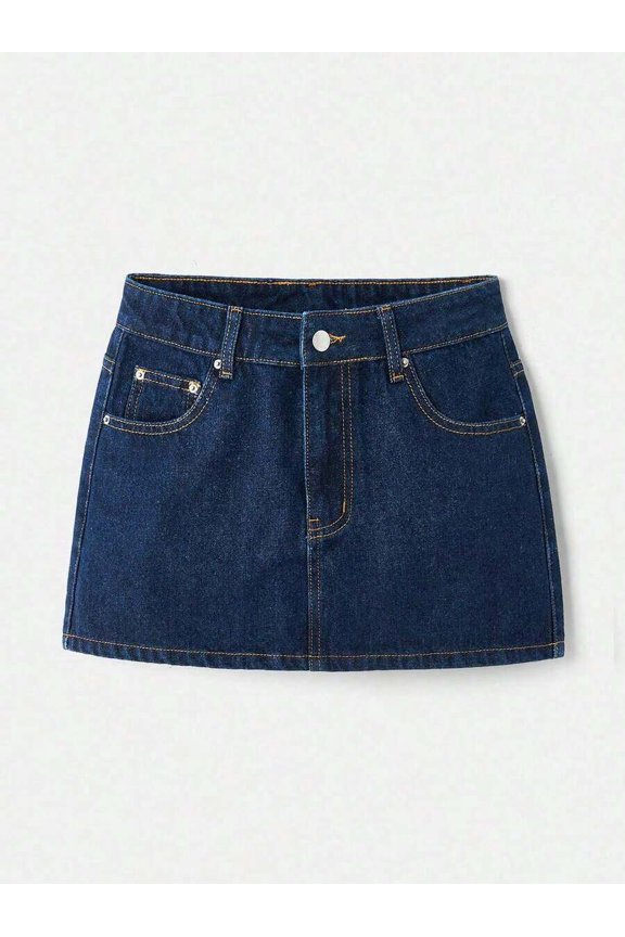 Womens Medium Wash Denim Mini Skirt, Y2K Style, A-Line Cut, Front Button Closure