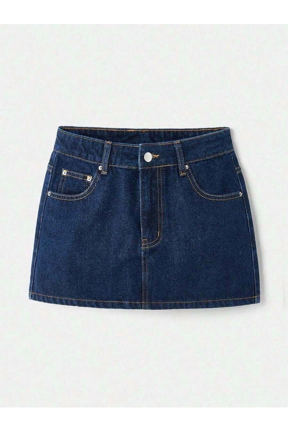 Womens Medium Wash Denim Mini Skirt, Y2K Style, A-Line Cut, Front Button Closure