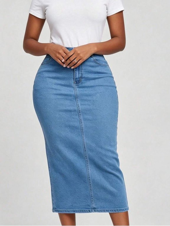 Womens Medium Wash Denim Pencil Midi Skirt, Body-Defining Fit