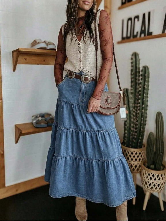 Womens Medium Wash High Waisted Tiered Denim Maxi Skirt Vintage A-Line Swing Jean Skirt With Pockets Casual Boho Style