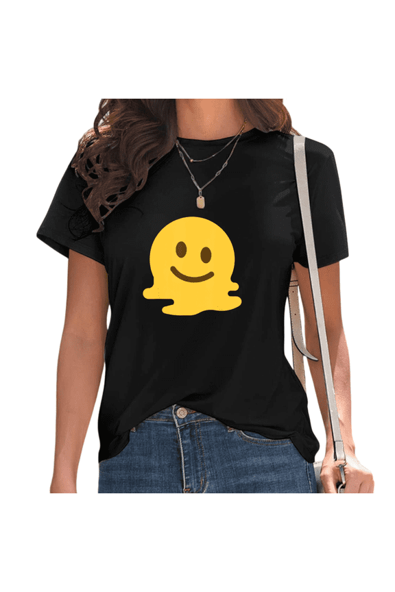 Womens Melting Smiley Face Print Tshirt Graphic Tees Shirts Black Trendy Casual Daily Wear Meme Gift Tops S-5XL
