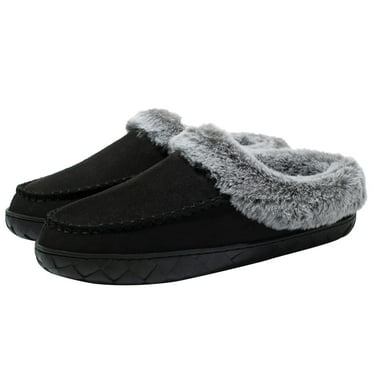 Womens Memory Foam House Slippers Fluffy Moccasins Faux Fur Lining Bedroom Shoes Indoor Outdoor Black, Size 8-9