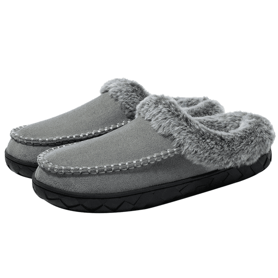Womens Memory Foam House Slippers Fluffy Moccasins Faux Fur Lining Bedroom Shoes Indoor Outdoor Grey, Size 6-7