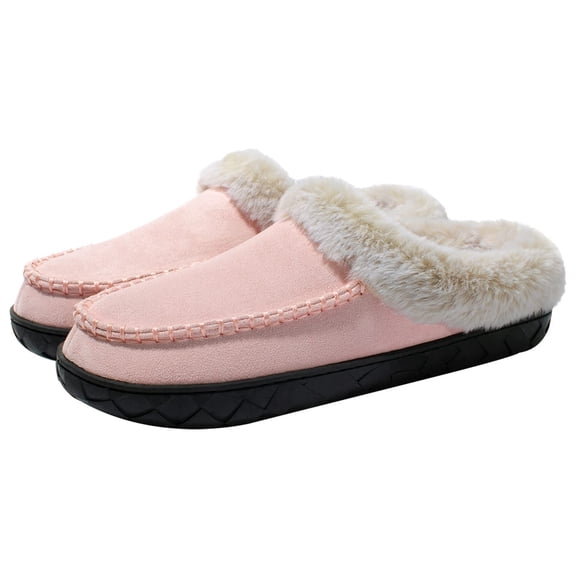 Womens Memory Foam House Slippers Fluffy Moccasins Faux Fur Lining Bedroom Shoes Indoor Outdoor Pink, Size 5-5.5