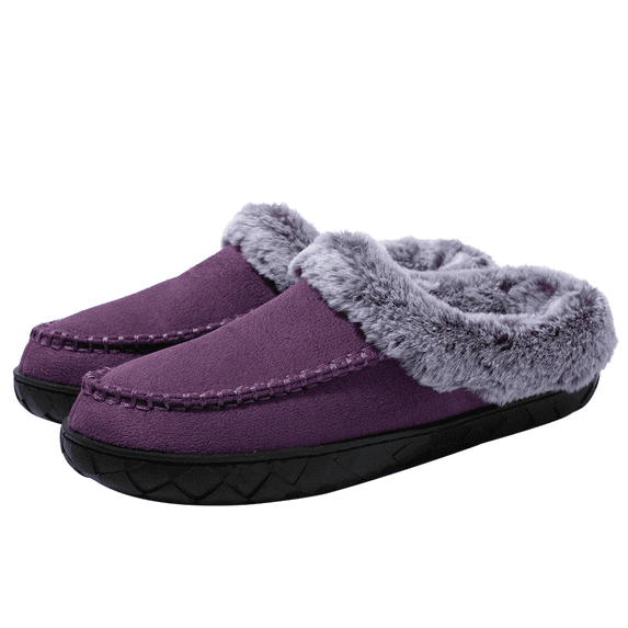 Womens Memory Foam House Slippers Fluffy Moccasins Faux Fur Lining Bedroom Shoes Indoor Outdoor Purple, Size 12-13