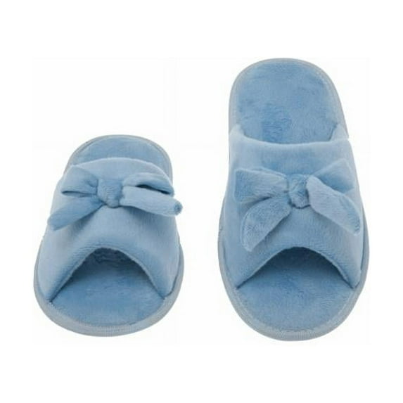 Womens Memory Foam House Slippers - Open Toe coral fleece slipper with butterfly tie - Blue-7-8